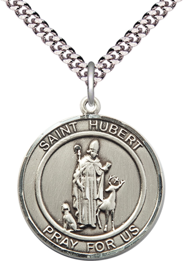 Sterling Silver Saint Hubert of Liege Pendant on a 24 inch Light Rhodium Heavy Curb chain
