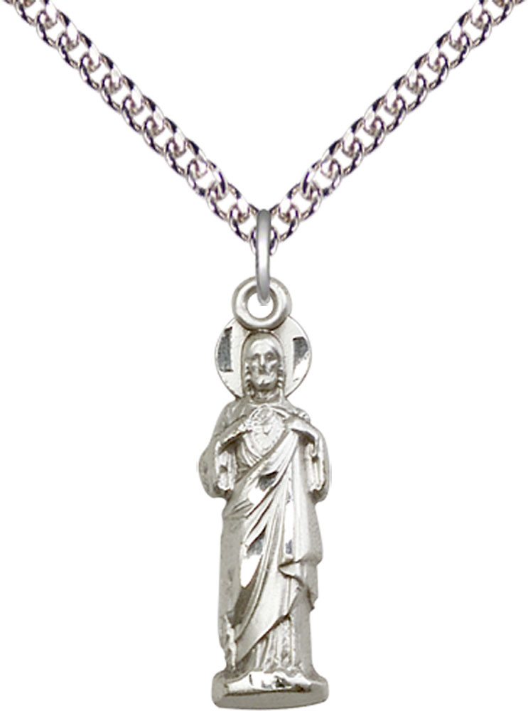 Sterling Silver Sacred Heart Pendant on a 24 inch Sterling Silver Heavy Curb chain