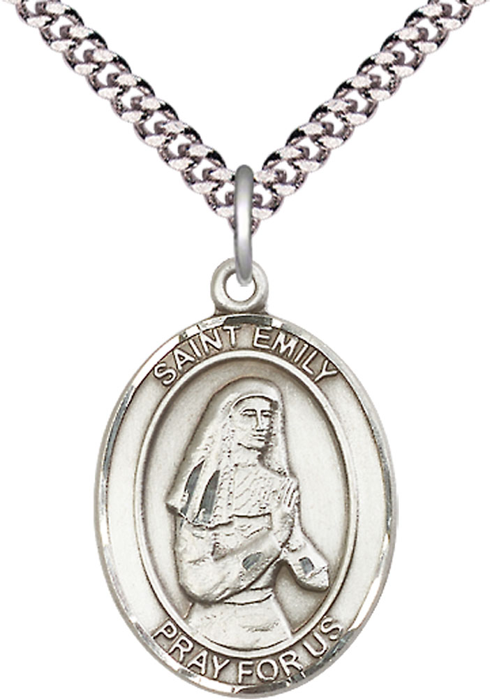 Sterling Silver Saint Emily de Vialar Pendant on a 24 inch Light Rhodium Heavy Curb chain