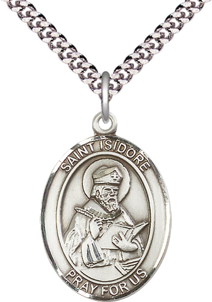 Sterling Silver Saint Isidore of Seville Pendant on a 24 inch Light Rhodium Heavy Curb chain