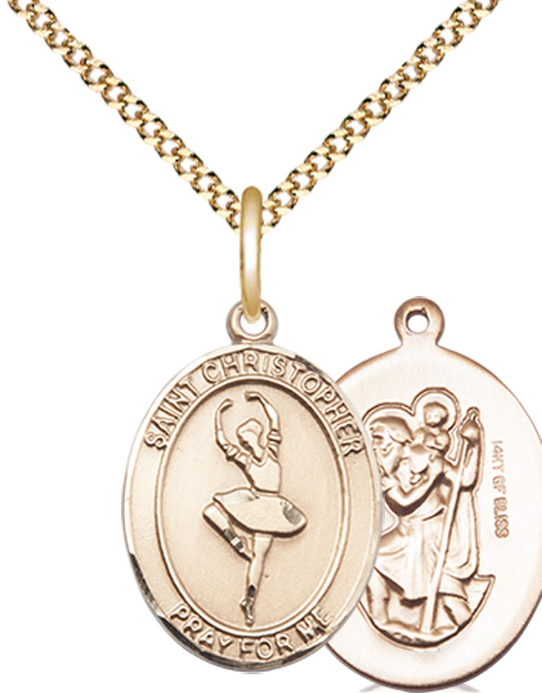 14kt Gold Filled Saint Christopher Dance Pendant on a 18 inch Gold Plate Light Curb chain