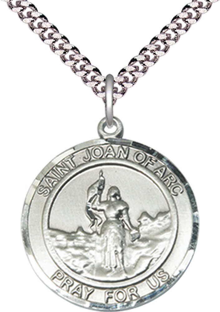 Sterling Silver Saint Joan of Arc Pendant on a 24 inch Light Rhodium Heavy Curb chain