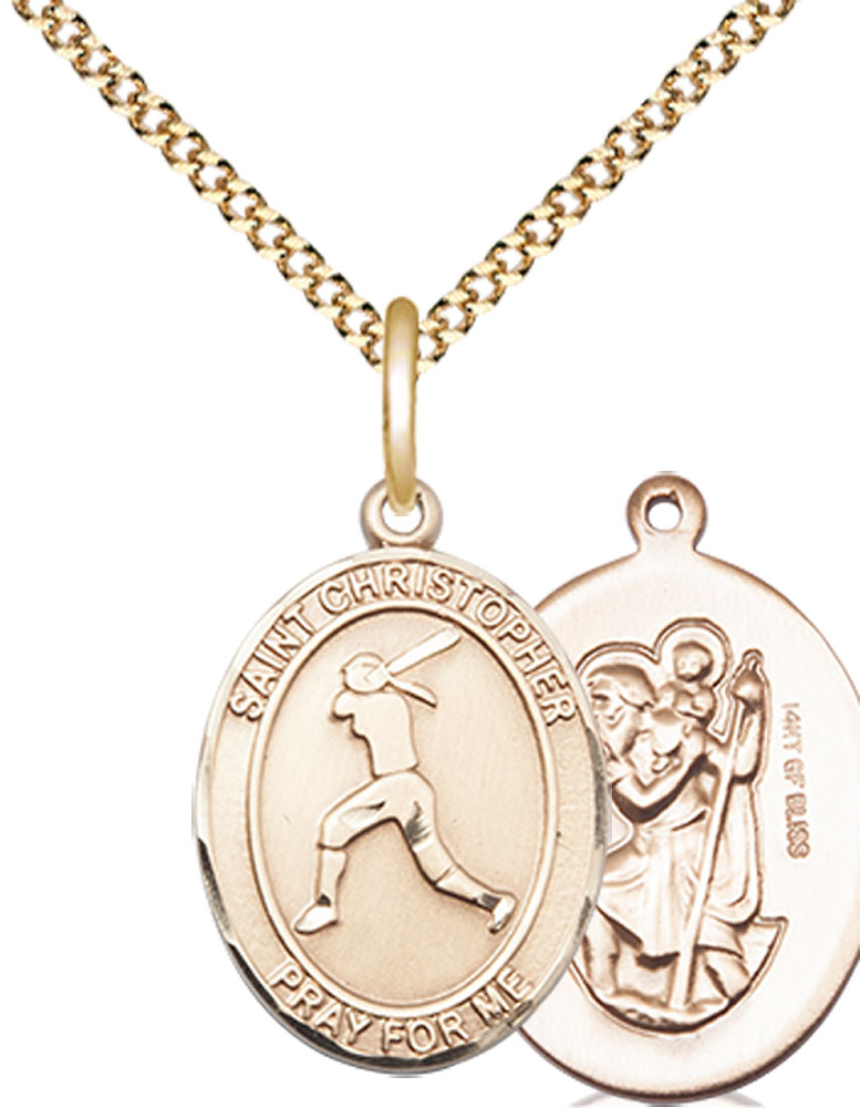 14kt Gold Filled Saint Christopher Softball Pendant on a 18 inch Gold Plate Light Curb chain