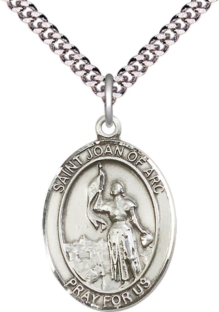 Sterling Silver Saint Joan of Arc Pendant on a 24 inch Light Rhodium Heavy Curb chain