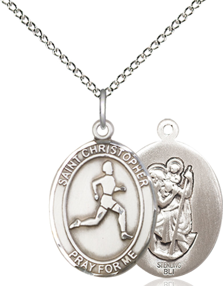 Sterling Silver Saint Christopher Track&amp;Field Pendant on a 18 inch Sterling Silver Light Curb chain