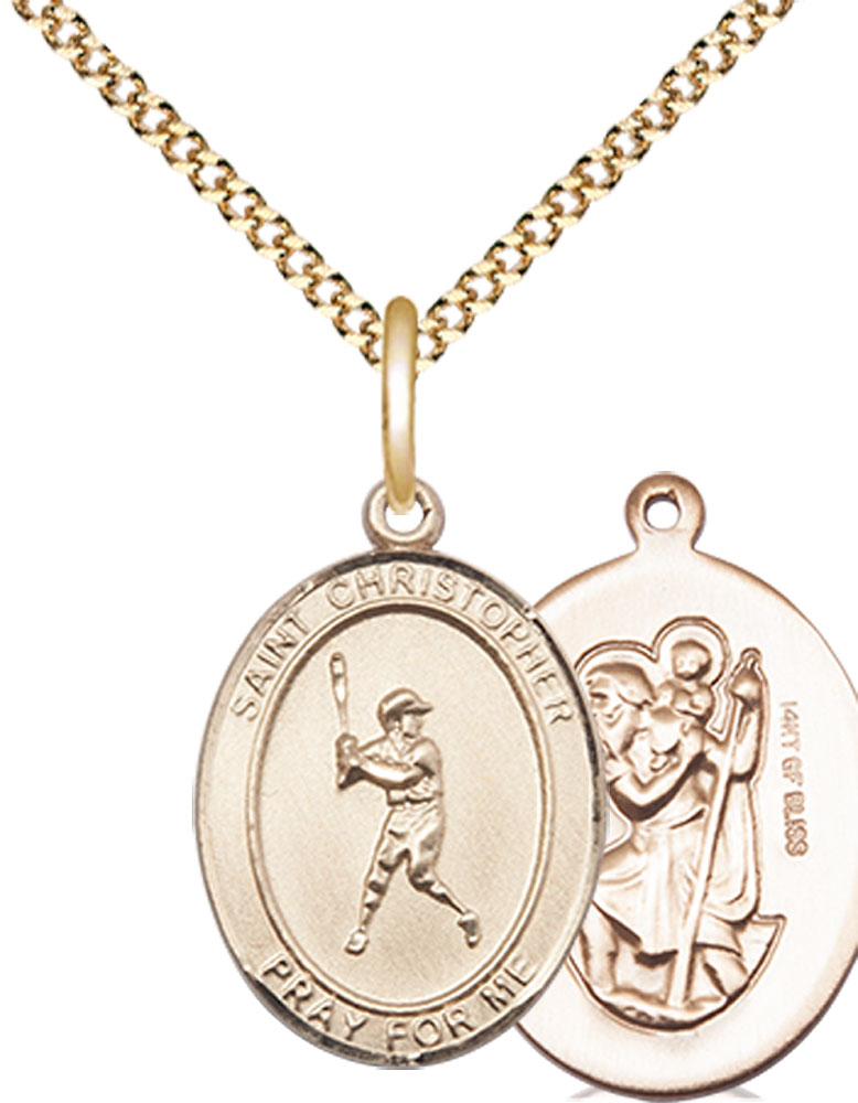 14kt Gold Filled Saint Christopher Baseball Pendant on a 18 inch Gold Plate Light Curb chain