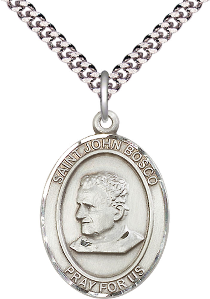 Sterling Silver Saint John Bosco Pendant on a 24 inch Light Rhodium Heavy Curb chain
