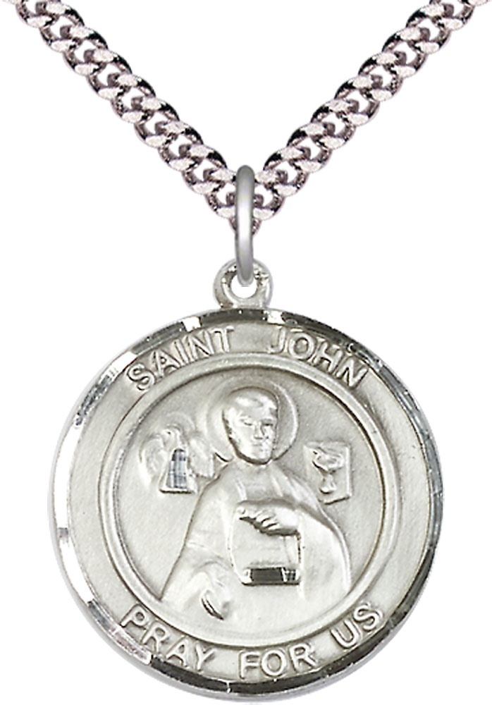 Sterling Silver Saint John the Apostle Pendant on a 24 inch Light Rhodium Heavy Curb chain