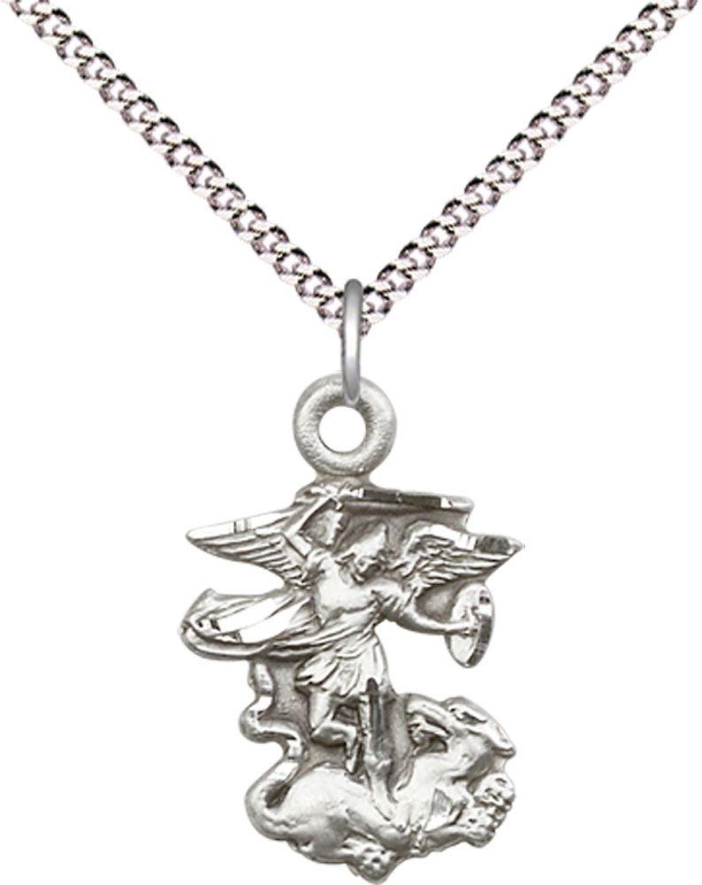 Sterling Silver Saint Michael the Archangel Pendant on a 18 inch Light Rhodium Light Curb chain