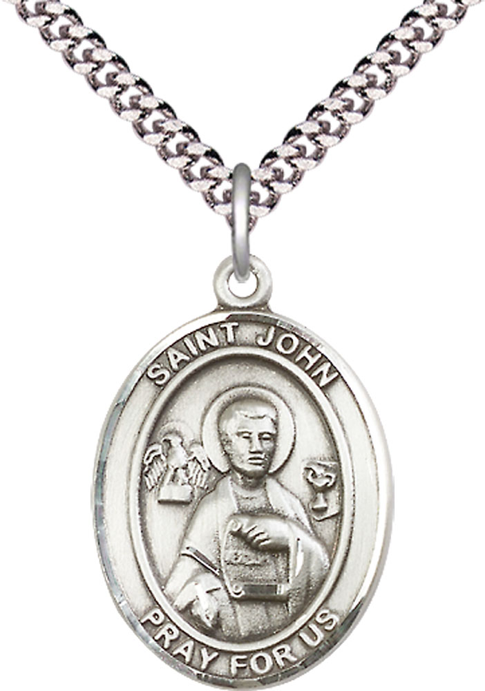 Sterling Silver Saint John the Apostle Pendant on a 24 inch Light Rhodium Heavy Curb chain