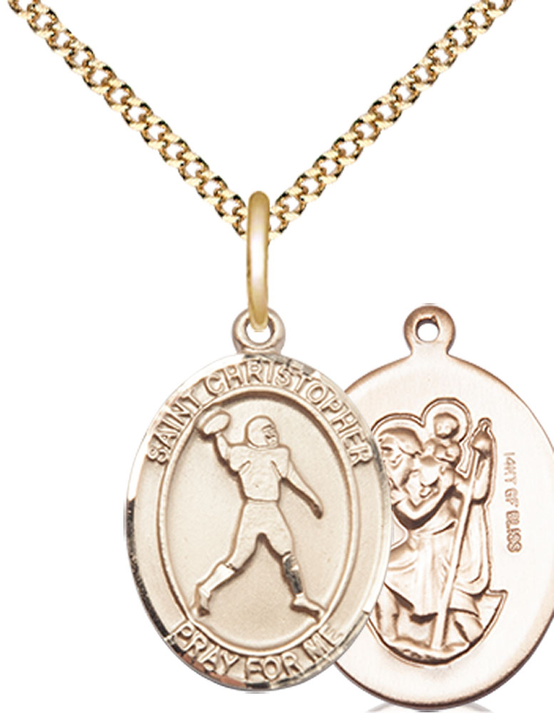 14kt Gold Filled Saint Christopher Football Pendant on a 18 inch Gold Plate Light Curb chain