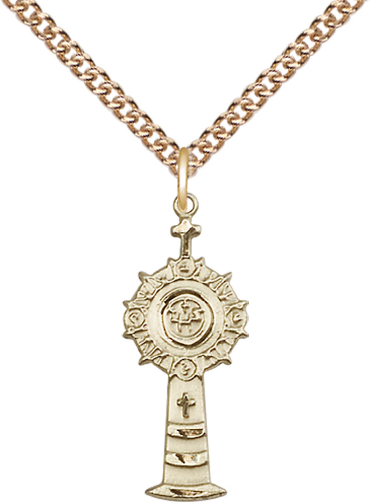14kt Gold Filled Monstrance Pendant on a 24 inch Gold Filled Heavy Curb chain