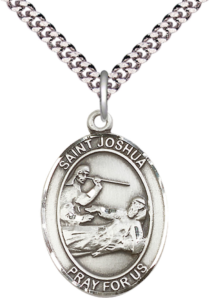 Sterling Silver Saint Joshua Pendant on a 24 inch Light Rhodium Heavy Curb chain