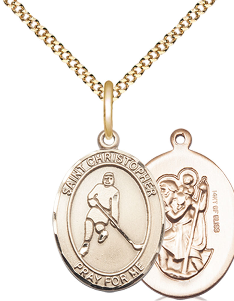 14kt Gold Filled Saint Christopher Ice Hockey Pendant on a 18 inch Gold Plate Light Curb chain