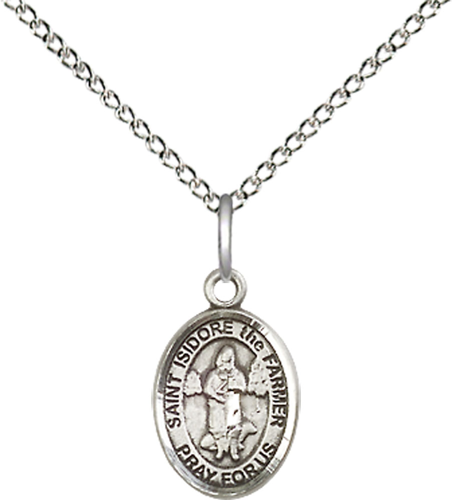 Sterling Silver Saint Isidore the Farmer Pendant on a 18 inch Sterling Silver Light Curb chain