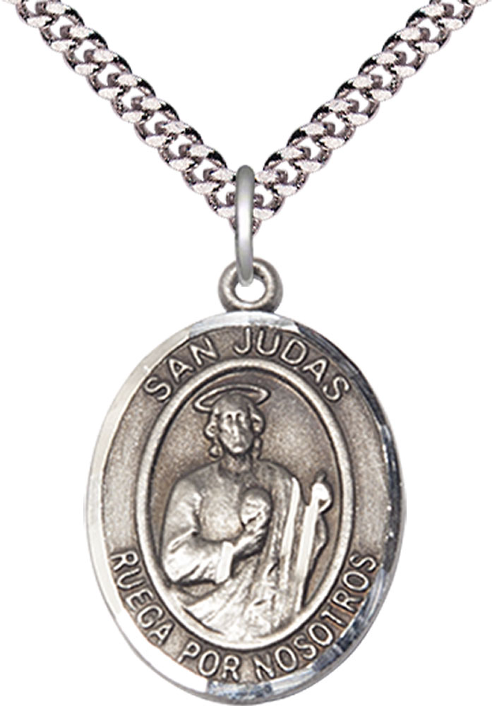 Sterling Silver San Judas Pendant on a 24 inch Light Rhodium Heavy Curb chain