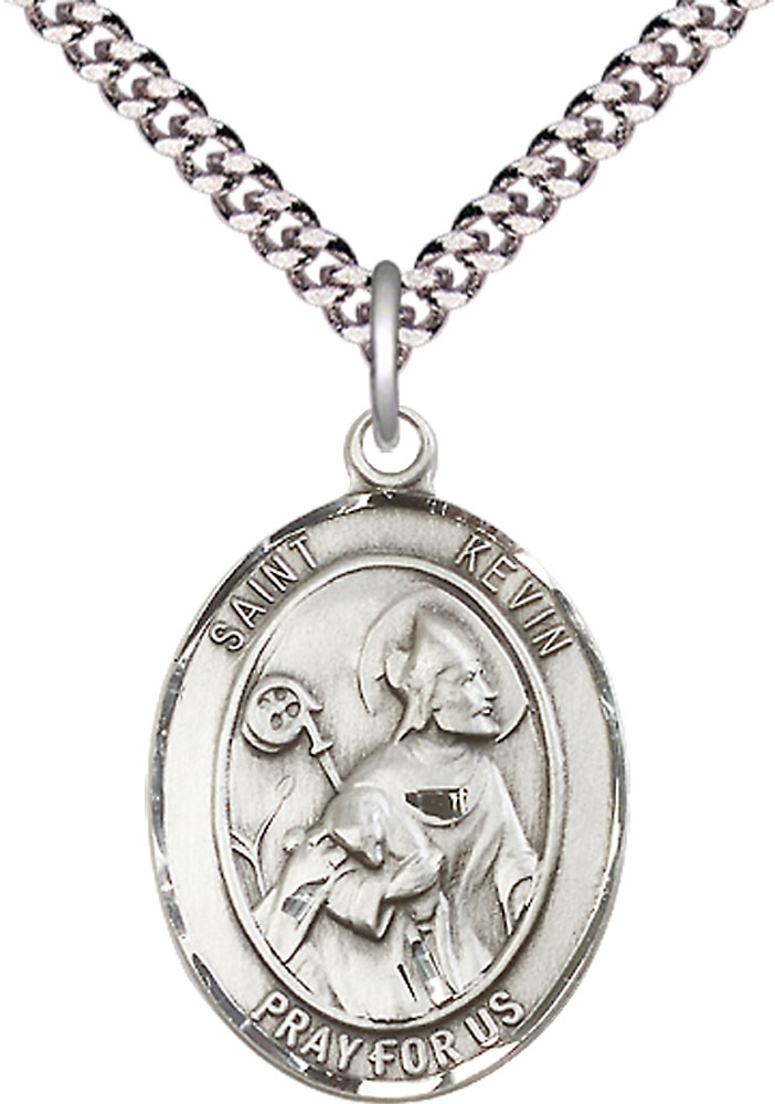 Sterling Silver Saint Kevin Pendant on a 24 inch Light Rhodium Heavy Curb chain