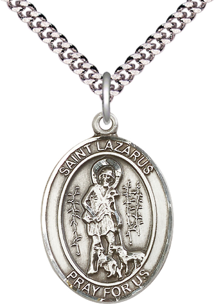 Sterling Silver Saint Lazarus Pendant on a 24 inch Light Rhodium Heavy Curb chain