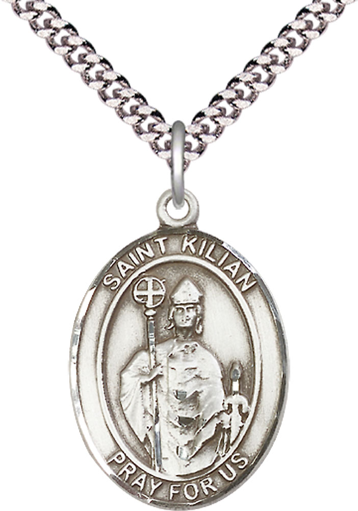 Sterling Silver Saint Kilian Pendant on a 24 inch Light Rhodium Heavy Curb chain