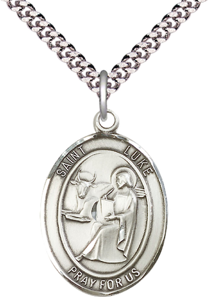 Sterling Silver Saint Luke the Apostle Pendant on a 24 inch Light Rhodium Heavy Curb chain