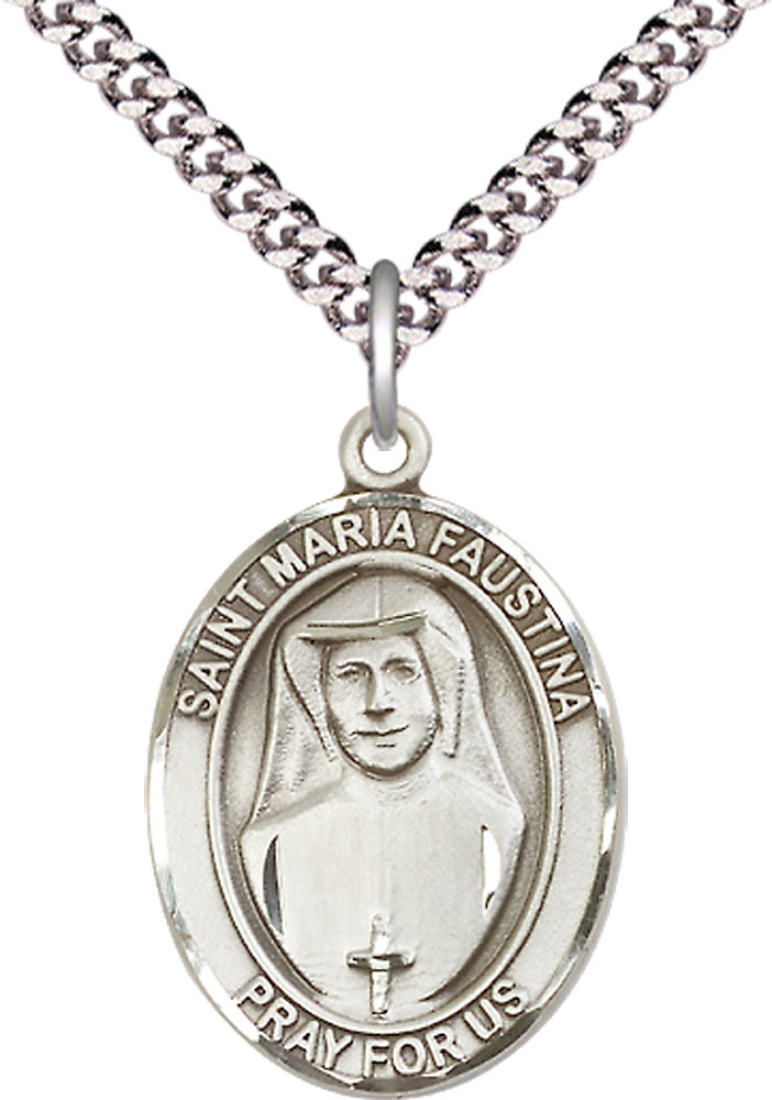 Sterling Silver Saint Maria Faustina Pendant on a 24 inch Light Rhodium Heavy Curb chain
