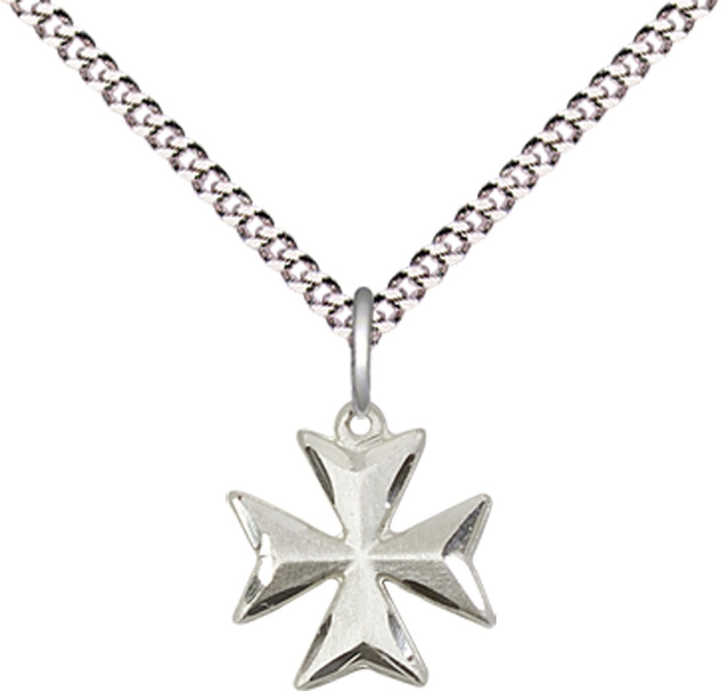 Sterling Silver Maltese Cross Pendant on a 18 inch Light Rhodium Light Curb chain