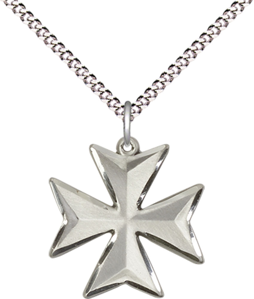Sterling Silver Maltese Cross Pendant on a 18 inch Light Rhodium Light Curb chain
