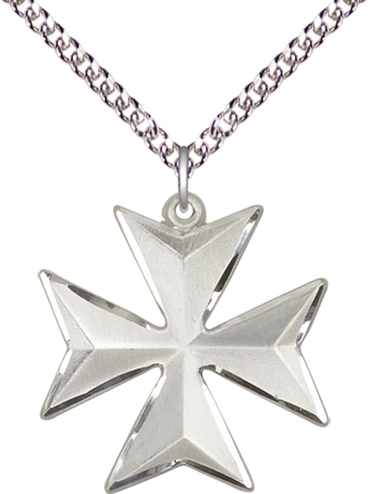 Sterling Silver Maltese Cross Pendant on a 24 inch Sterling Silver Heavy Curb chain