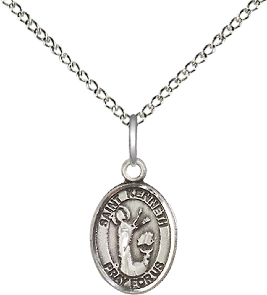 Sterling Silver Saint Kenneth Pendant on a 18 inch Sterling Silver Light Curb chain