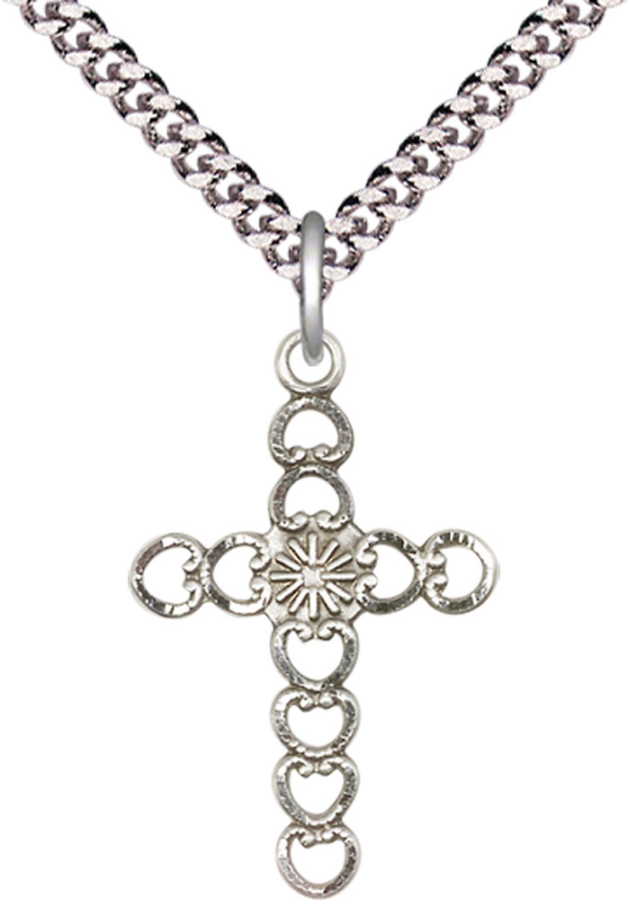 Sterling Silver Hearts w/Sunburst Pendant on a 24 inch Light Rhodium Heavy Curb chain