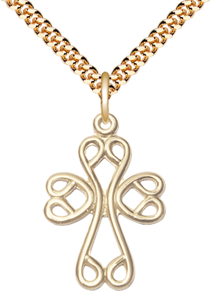 14kt Gold Filled Scroll Cross Pendant on a 24 inch Gold Plate Heavy Curb chain