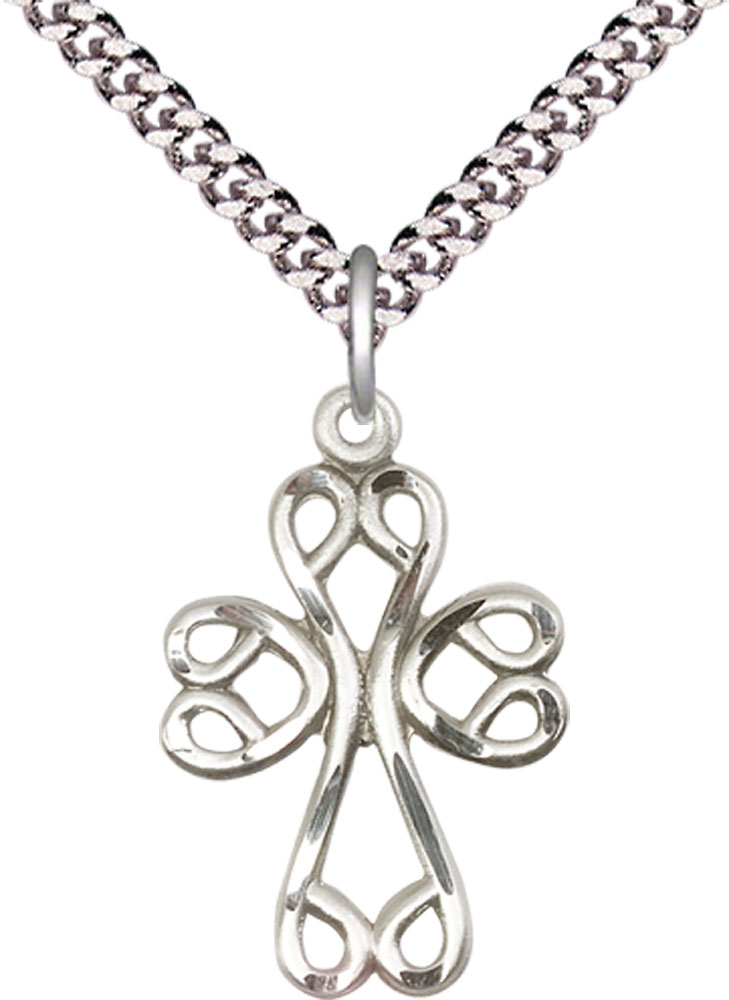 Sterling Silver Scroll Cross Pendant on a 24 inch Light Rhodium Heavy Curb chain