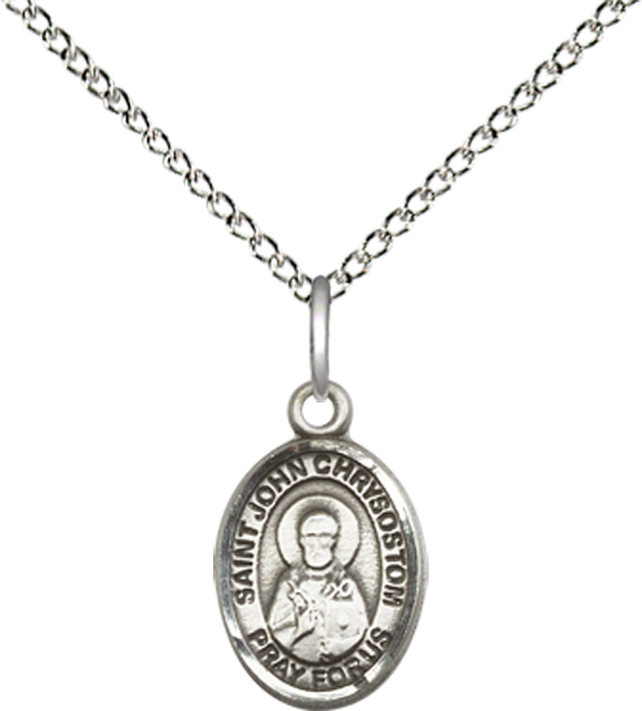 Sterling Silver Saint John Chrysostom Pendant on a 18 inch Sterling Silver Light Curb chain