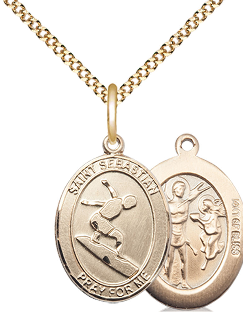 14kt Gold Filled Saint Sebastian Surfing Pendant on a 18 inch Gold Plate Light Curb chain