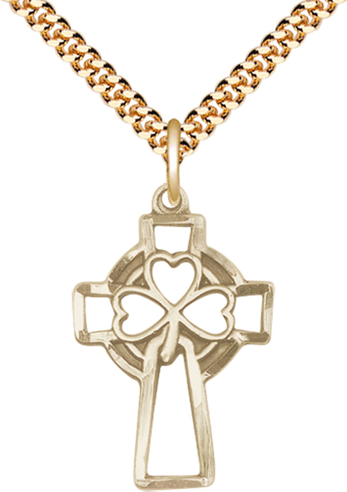 14kt Gold Filled Shamrock Cross Pendant on a 24 inch Gold Plate Heavy Curb chain