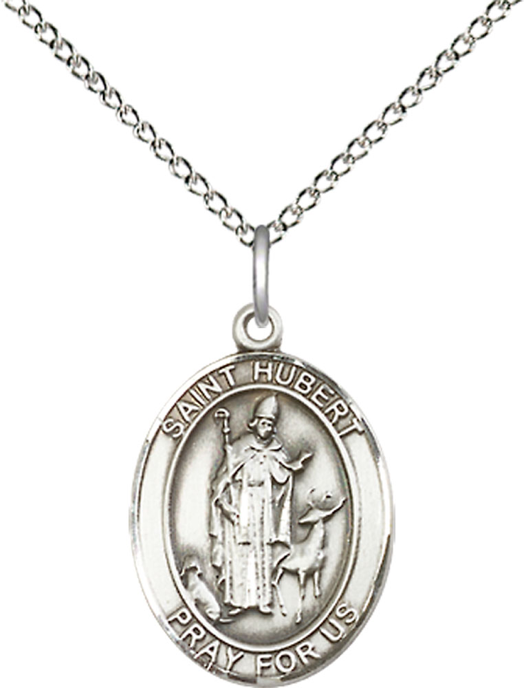Sterling Silver Saint Hubert of Liege Pendant on a 18 inch Sterling Silver Light Curb chain