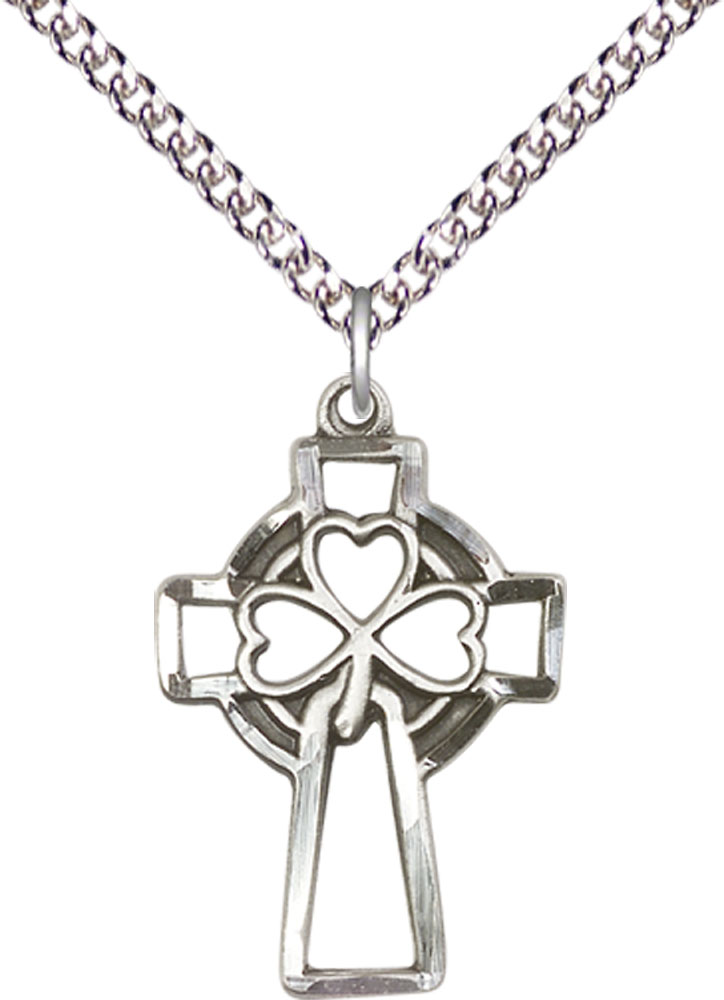 Sterling Silver Shamrock Cross Pendant on a 24 inch Sterling Silver Heavy Curb chain