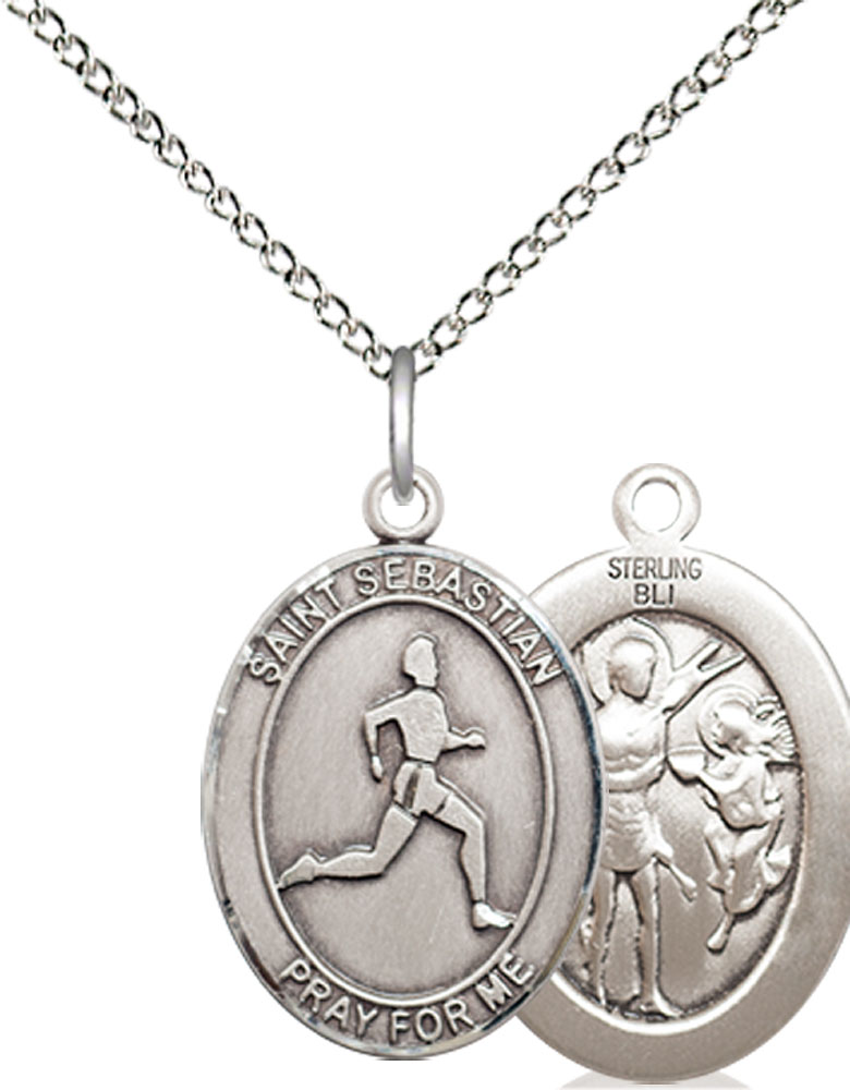 Sterling Silver Saint Sebastian Track and Field Pendant on a 18 inch Sterling Silver Light Curb chain