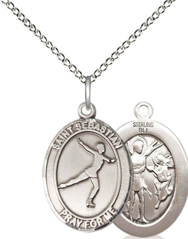Sterling Silver Saint Sebastian Figure Skating Pendant on a 18 inch Sterling Silver Light Curb chain