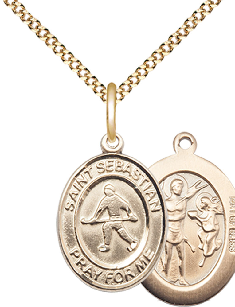 14kt Gold Filled Saint Sebastian Field Hockey Pendant on a 18 inch Gold Plate Light Curb chain