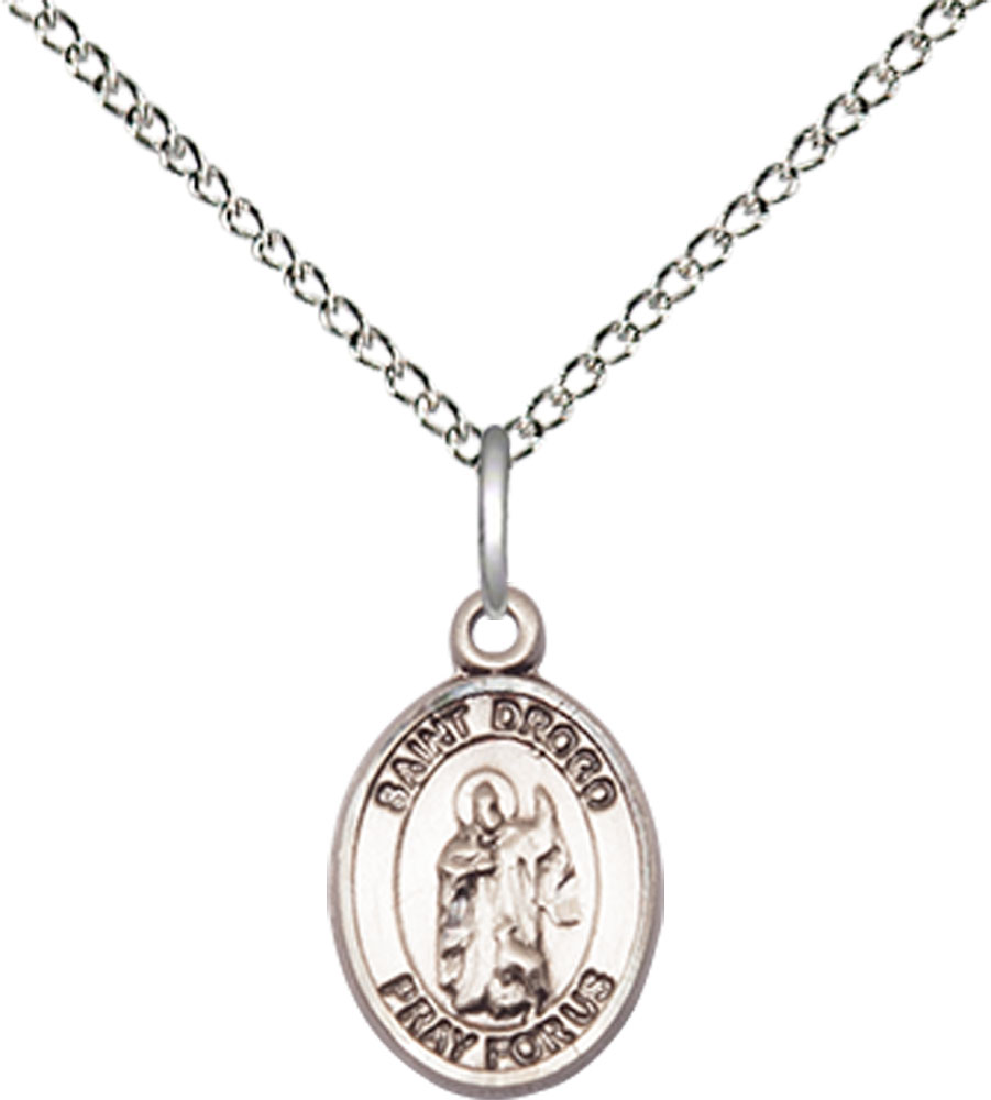 Sterling Silver Saint Drogo Pendant on a 18 inch Sterling Silver Light Curb chain