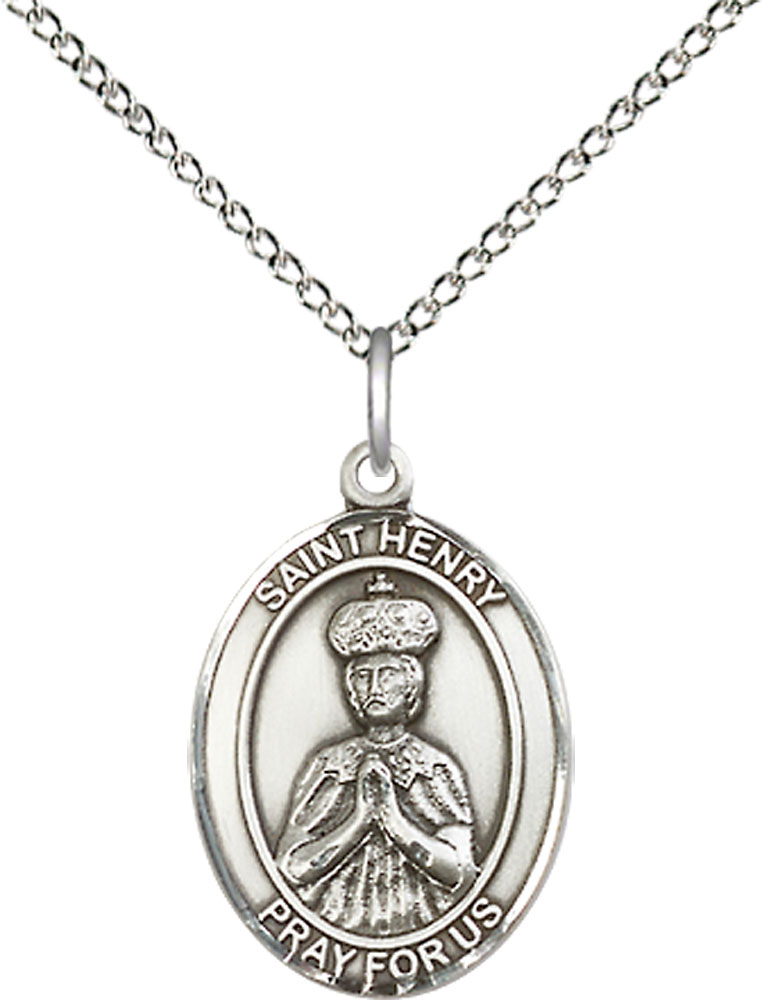 Sterling Silver Saint Henry II Pendant on a 18 inch Sterling Silver Light Curb chain