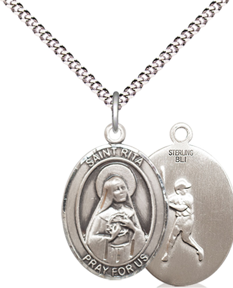 Sterling Silver Saint Rita Baseball Pendant on a 18 inch Light Rhodium Light Curb chain