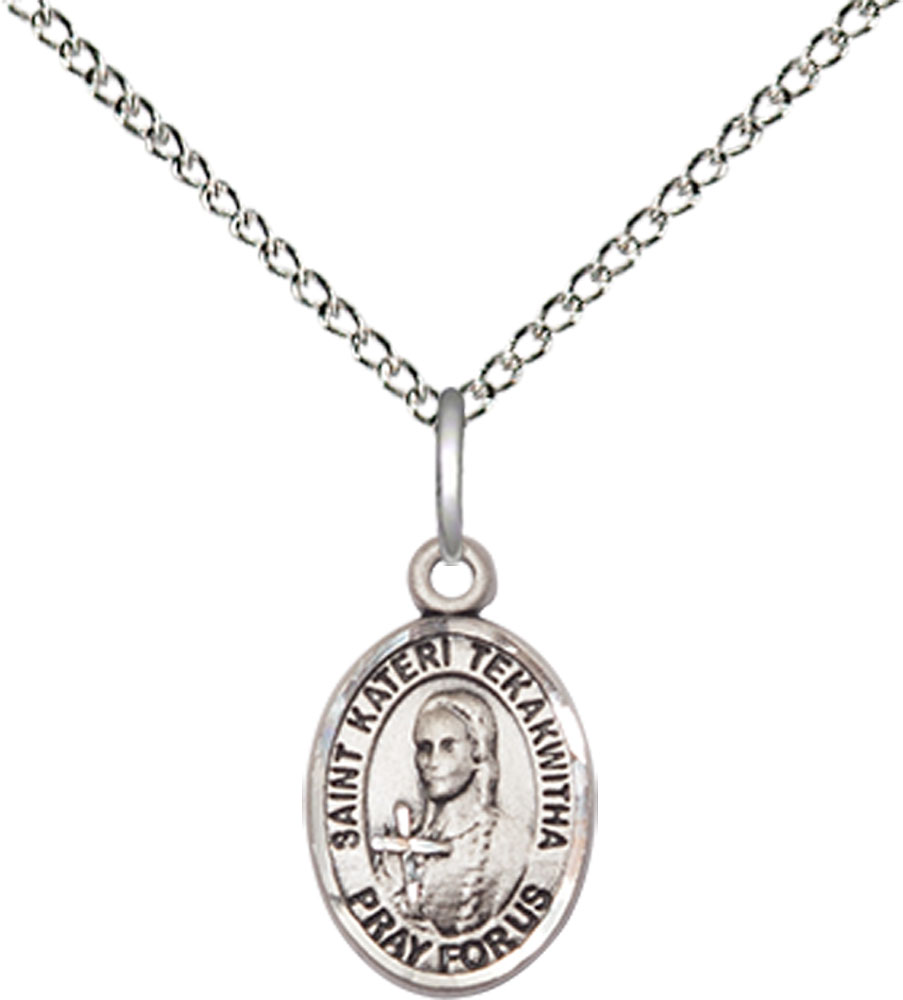 Sterling Silver Saint Kateri Tekakwitha Pendant on a 18 inch Sterling Silver Light Curb chain