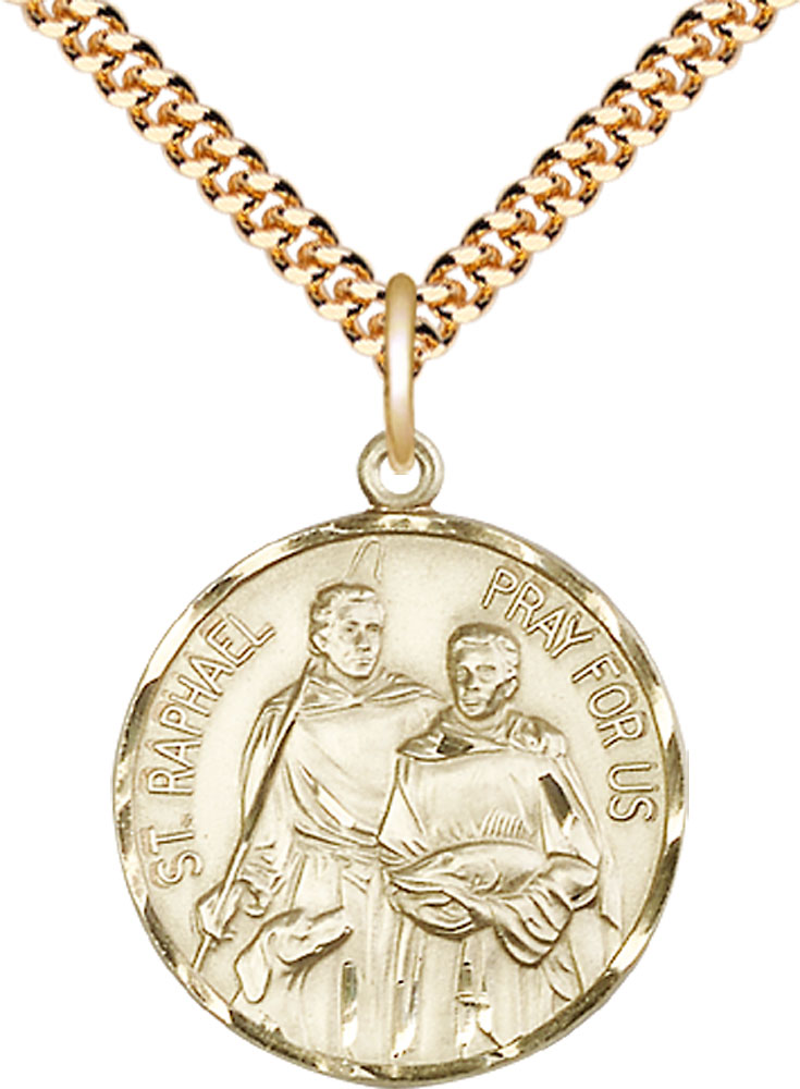 14kt Gold Filled Saint Raphael Pendant on a 24 inch Gold Plate Heavy Curb chain