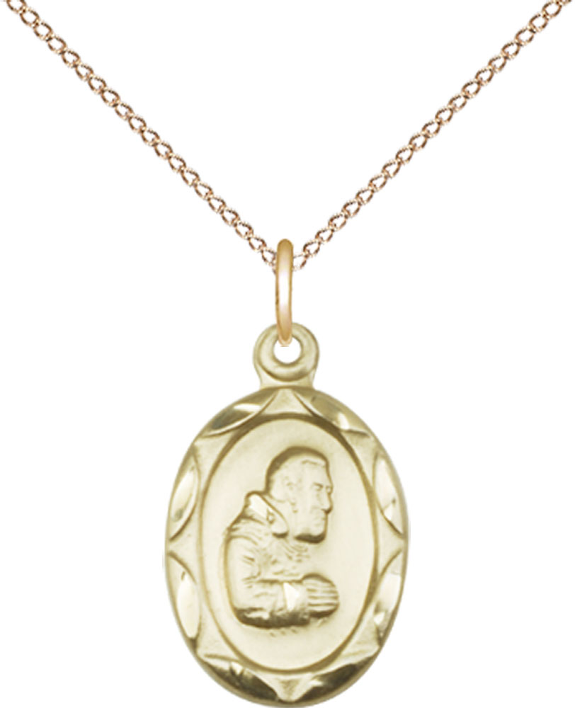 14kt Gold Filled Saint Pio of Pietrelcina Pendant on a 18 inch Gold Filled Light Curb chain
