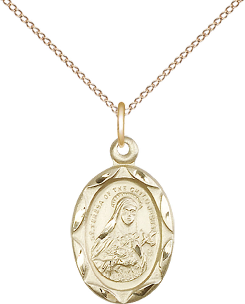 14kt Gold Filled Saint Theresa Pendant on a 18 inch Gold Filled Light Curb chain