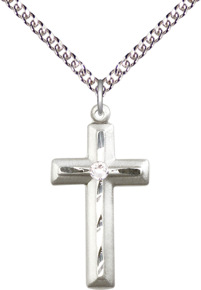 Sterling Silver Cross Pendant with a 3mm Crystal Swarovski stone on a 24 inch Sterling Silver Heavy Curb chain
