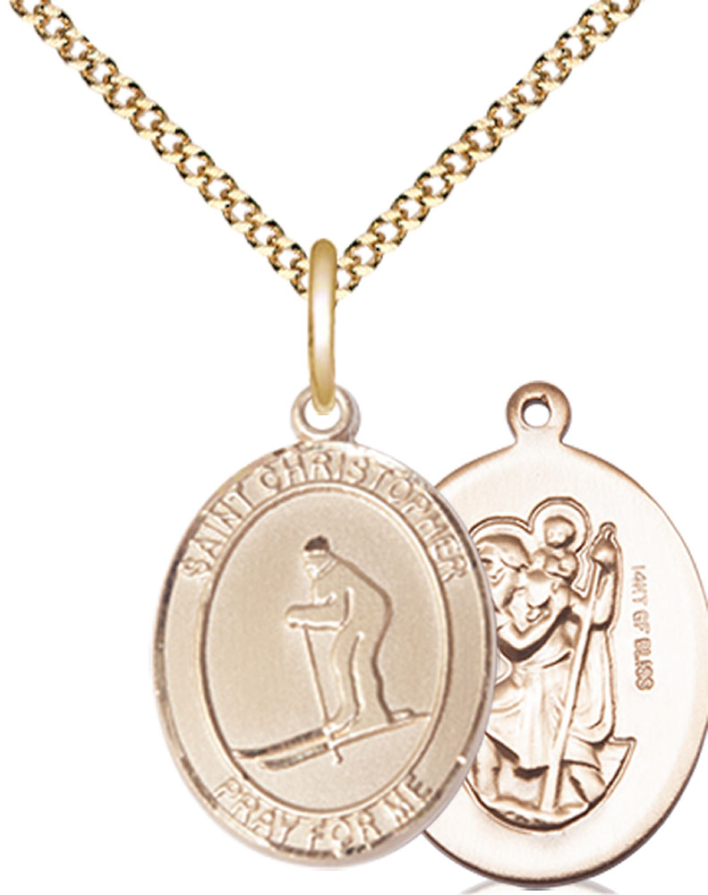 14kt Gold Filled Saint Christopher Skiing Pendant on a 18 inch Gold Plate Light Curb chain