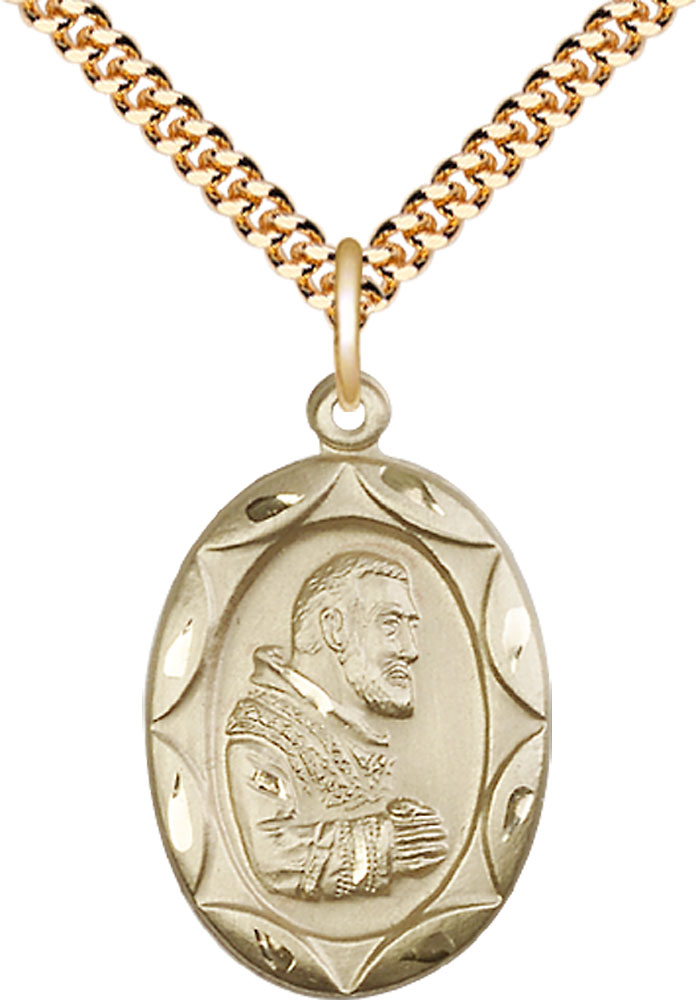 14kt Gold Filled Saint Pio of Pietrelcina Pendant on a 24 inch Gold Plate Heavy Curb chain